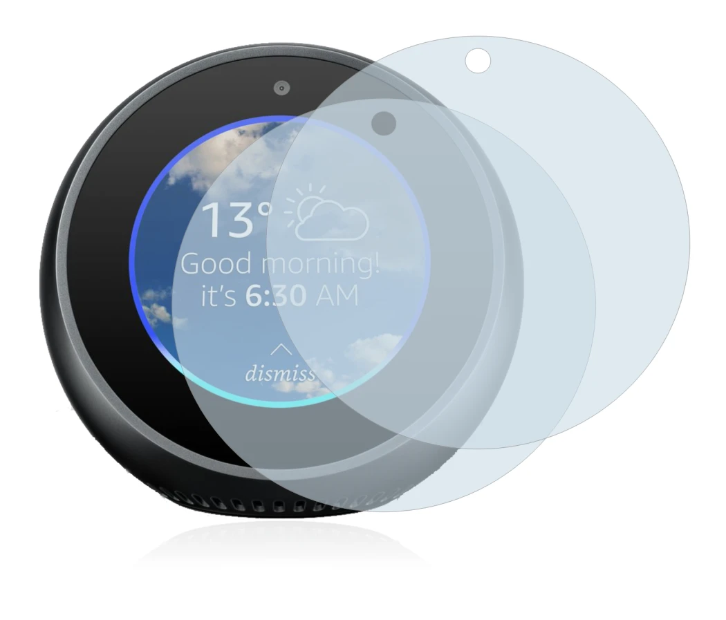 Immagine del dispositivo Amazon Echo Spot con un'ampia varietà di protezioni per lo schermo.