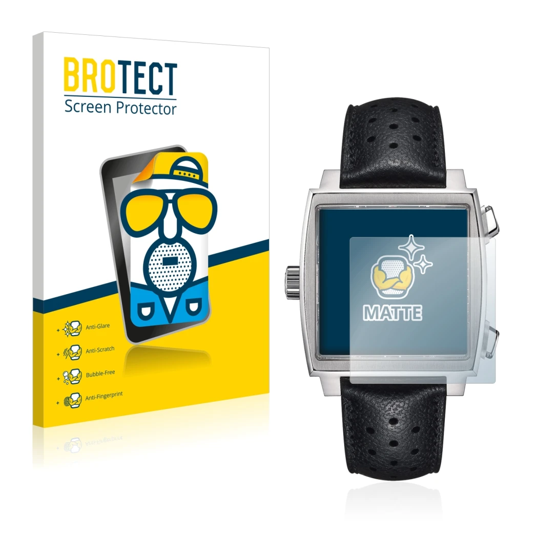 Parte frontale di una confezione del prodotto con il logo del marchio BROTECT. Accanto è raffigurato il dispositivo TAG Heuer