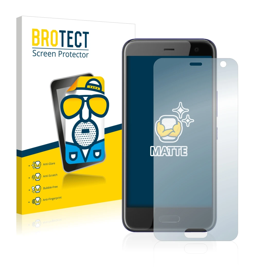 Parte frontale di una confezione del prodotto con il logo del marchio BROTECT. Accanto è raffigurato il dispositivo HTC U11 Li