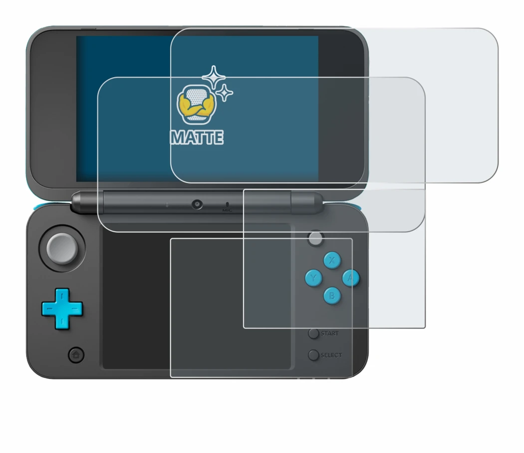 Immagine del dispositivo New Nintendo 2DS XL con un'ampia varietà di protezioni per lo schermo.