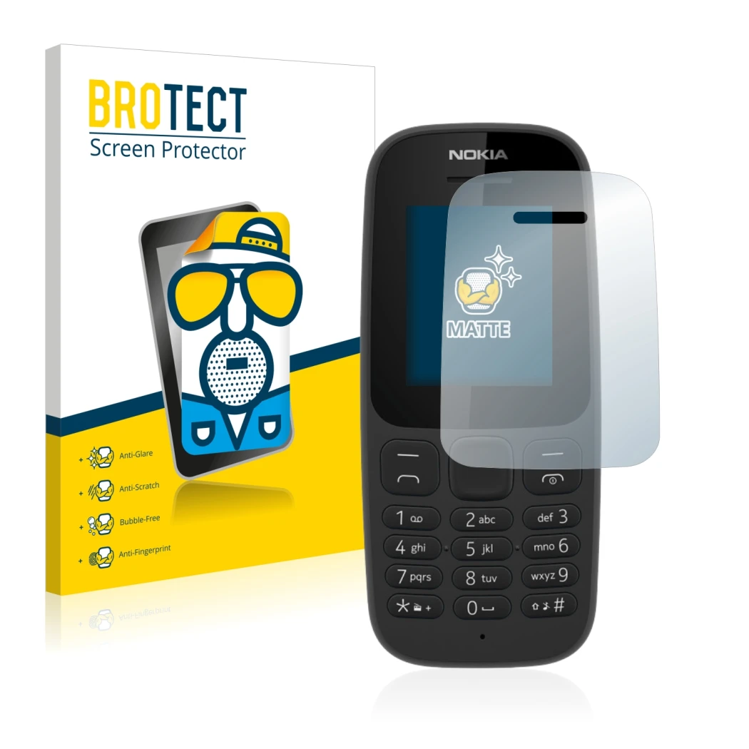 Parte frontale di una confezione del prodotto con il logo del marchio BROTECT. Accanto è raffigurato il dispositivo Nokia 105
