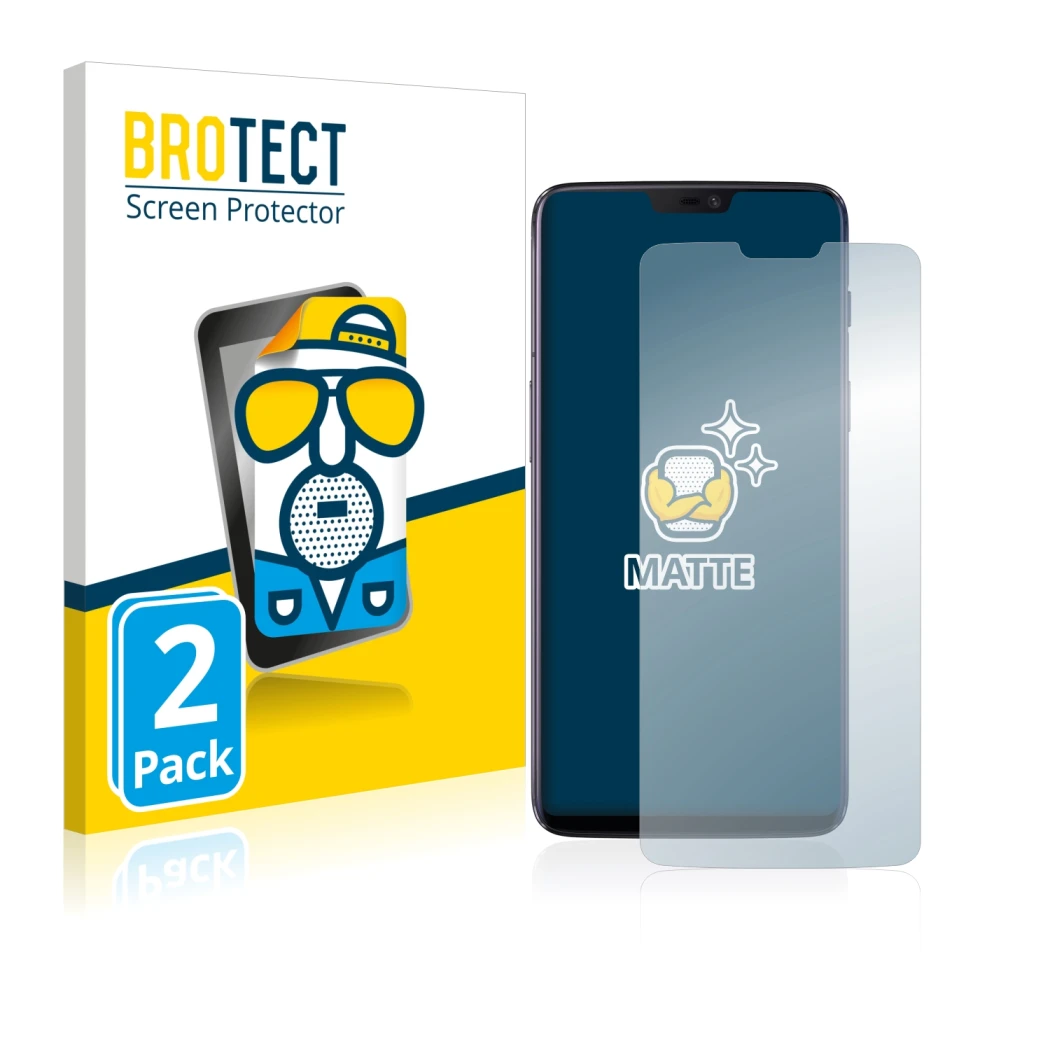 Parte frontale di una confezione del prodotto con il logo del marchio BROTECT. Accanto è raffigurato il dispositivo OnePlus 6 