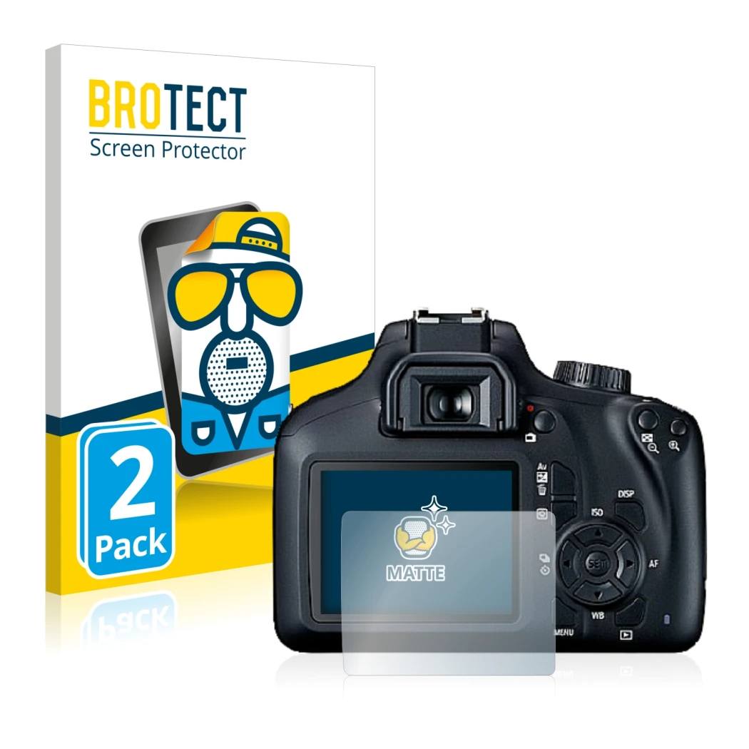 Parte frontale di una confezione del prodotto con il logo del marchio BROTECT. Accanto è raffigurato il dispositivo Canon EOS 
