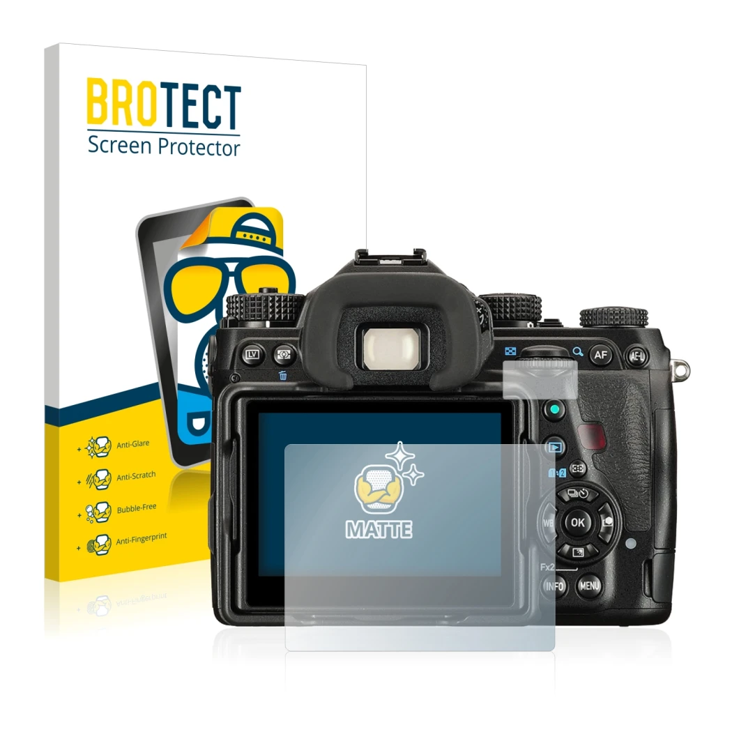 Parte frontale di una confezione del prodotto con il logo del marchio BROTECT. Accanto è raffigurato il dispositivo Pentax K-1