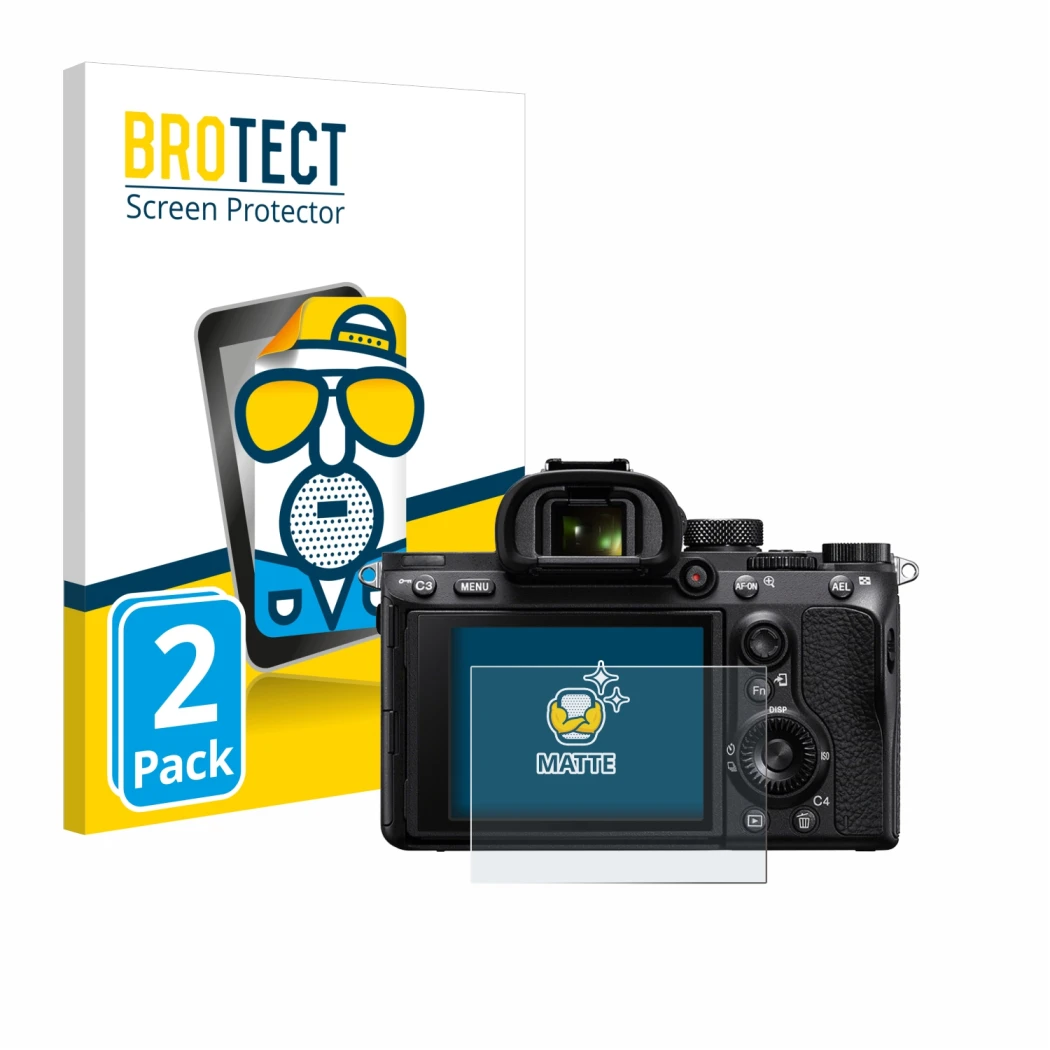 Parte frontale di una confezione del prodotto con il logo del marchio BROTECT. Accanto è raffigurato il dispositivo Sony Alpha