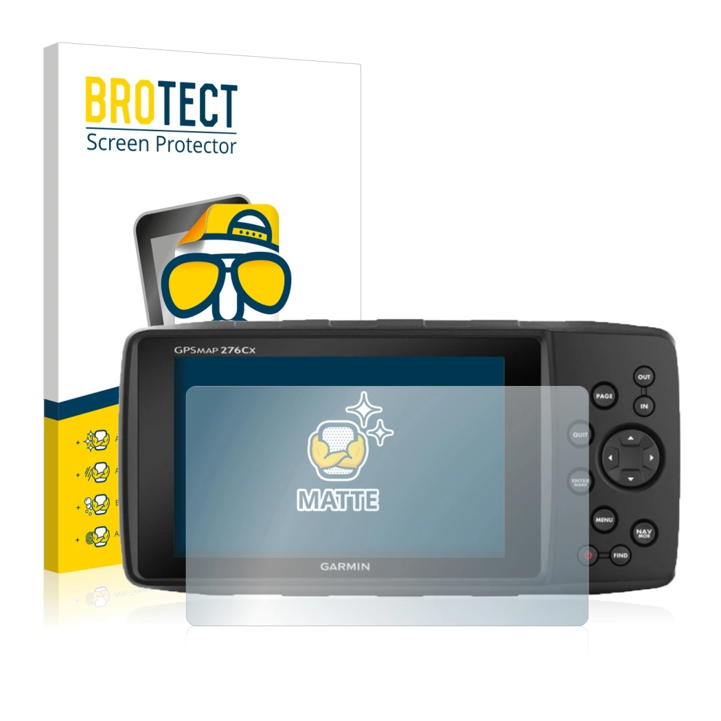 Parte frontale di una confezione del prodotto con il logo del marchio BROTECT. Accanto è raffigurato il dispositivo Garmin GPS