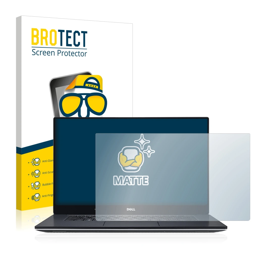 Parte frontale di una confezione del prodotto con il logo del marchio BROTECT. Accanto è raffigurato il dispositivo Dell XPS 1