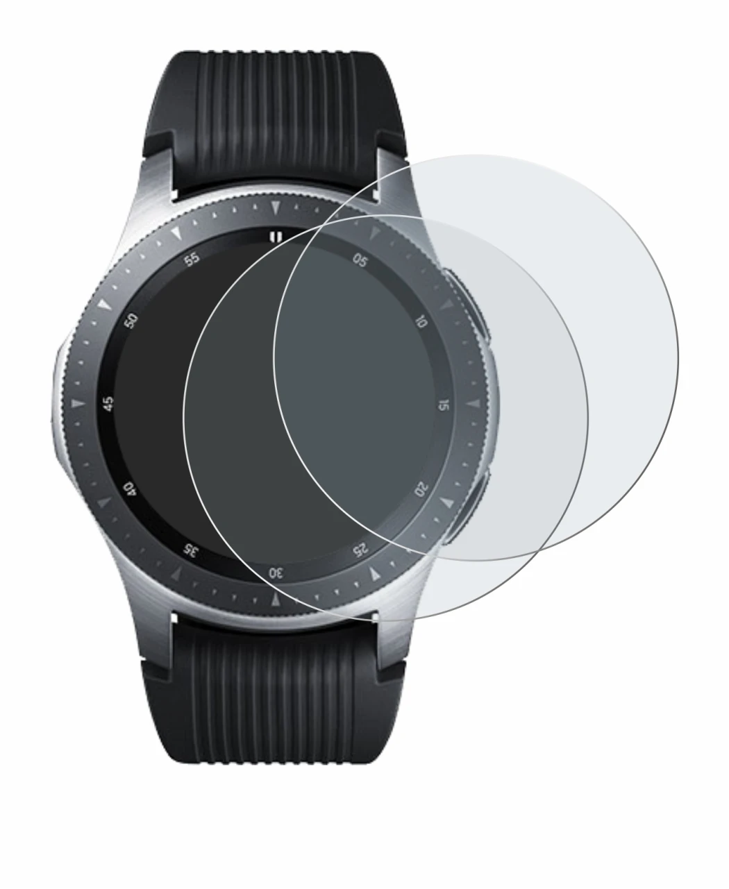 Immagine del dispositivo Samsung Galaxy Watch (46 mm) con un'ampia varietà di protezioni per lo schermo.