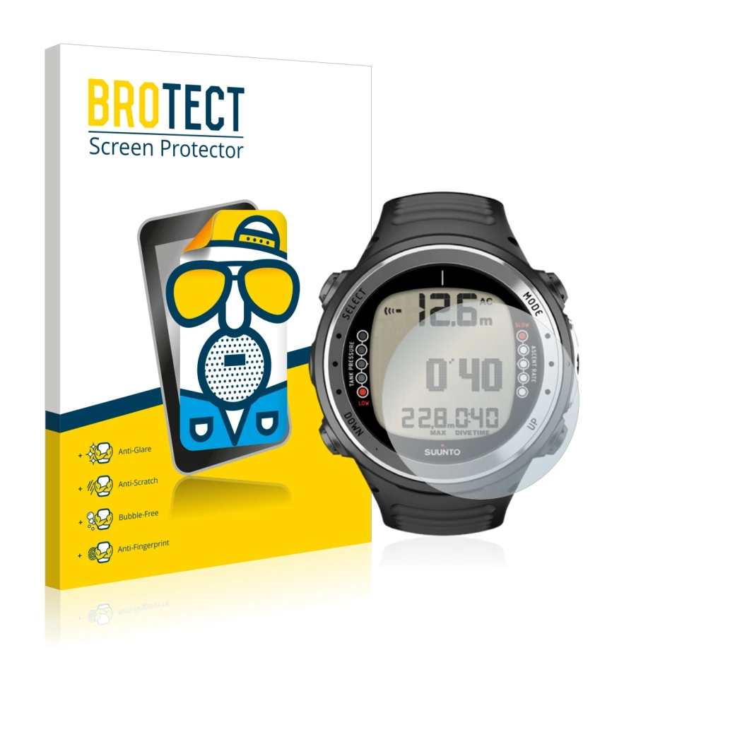 Parte frontale di una confezione del prodotto con il logo del marchio BROTECT. Accanto è raffigurato il dispositivo Suunto D4I