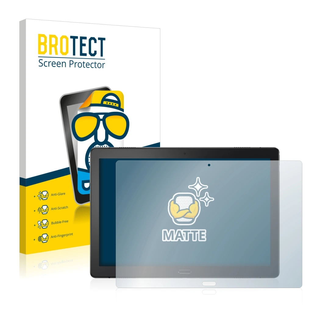 Parte frontale di una confezione del prodotto con il logo del marchio BROTECT. Accanto è raffigurato il dispositivo Lenovo Tab