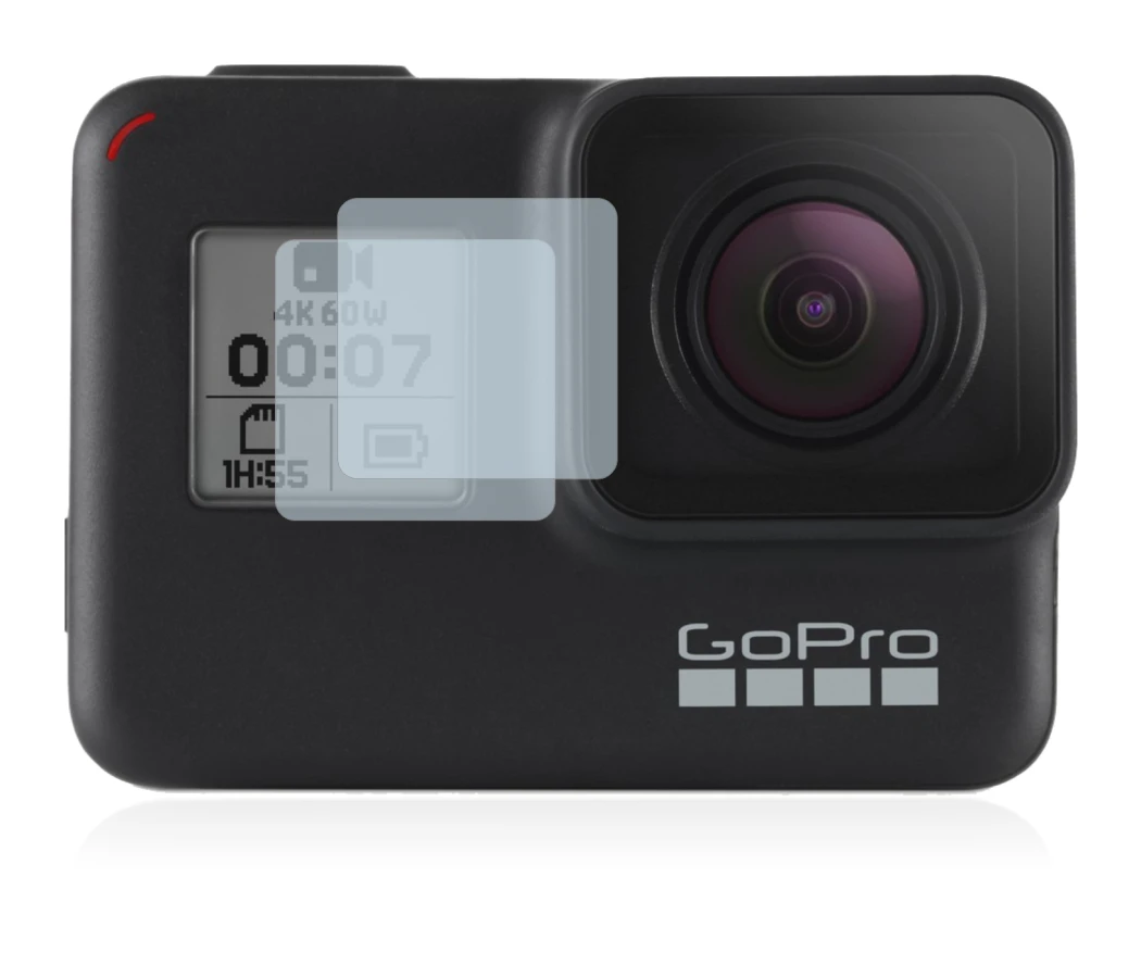 Immagine del dispositivo GoPro Hero 7 Black (Fronte Display) con un'ampia varietà di protezioni per lo schermo.