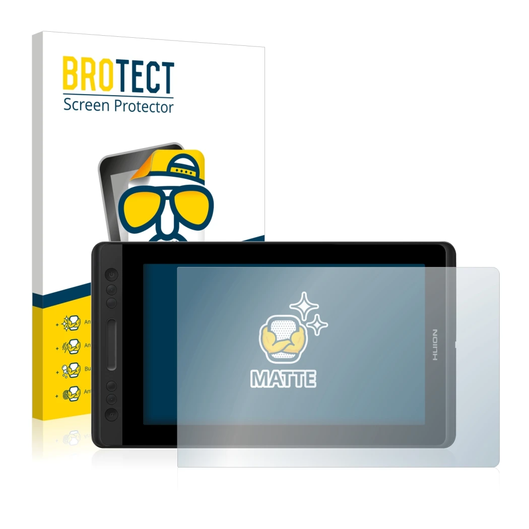 Parte frontale di una confezione del prodotto con il logo del marchio BROTECT. Accanto è raffigurato il dispositivo Huion Kamv