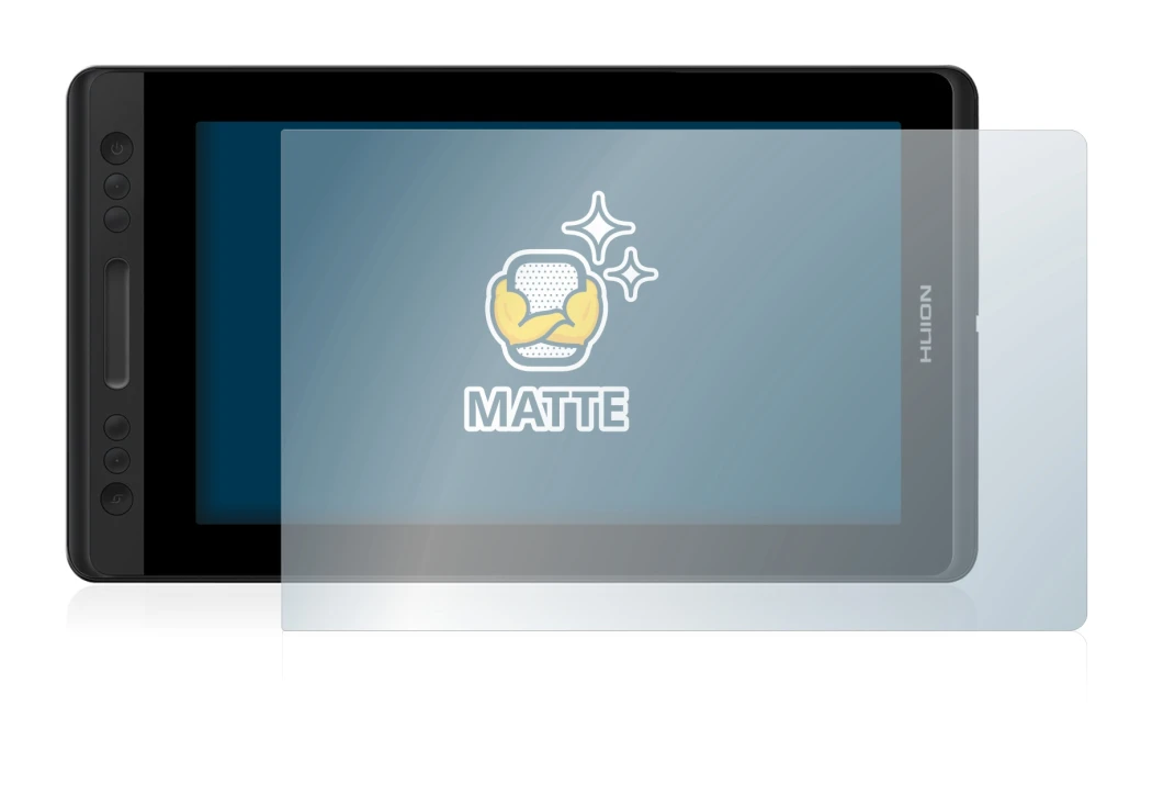 Immagine del dispositivo Huion Kamvas Pro 13 con un'ampia varietà di protezioni per lo schermo.