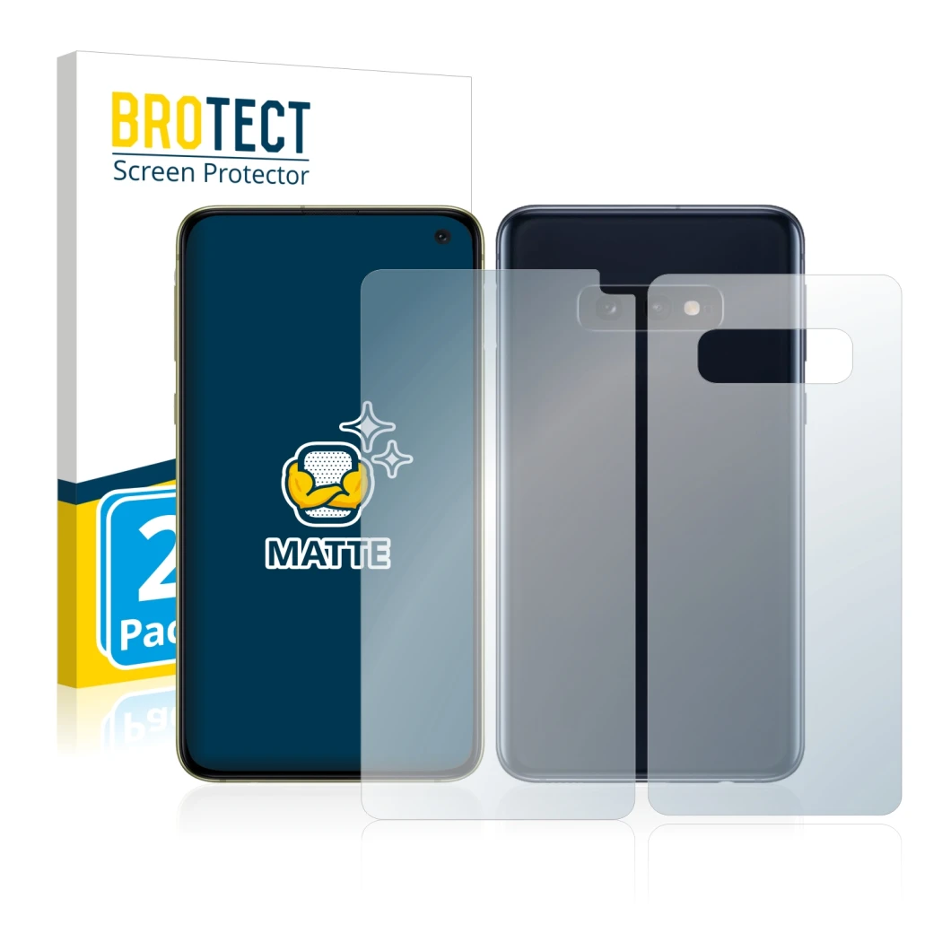 Parte frontale di una confezione del prodotto con il logo del marchio BROTECT. Accanto è raffigurato il dispositivo Samsung Ga