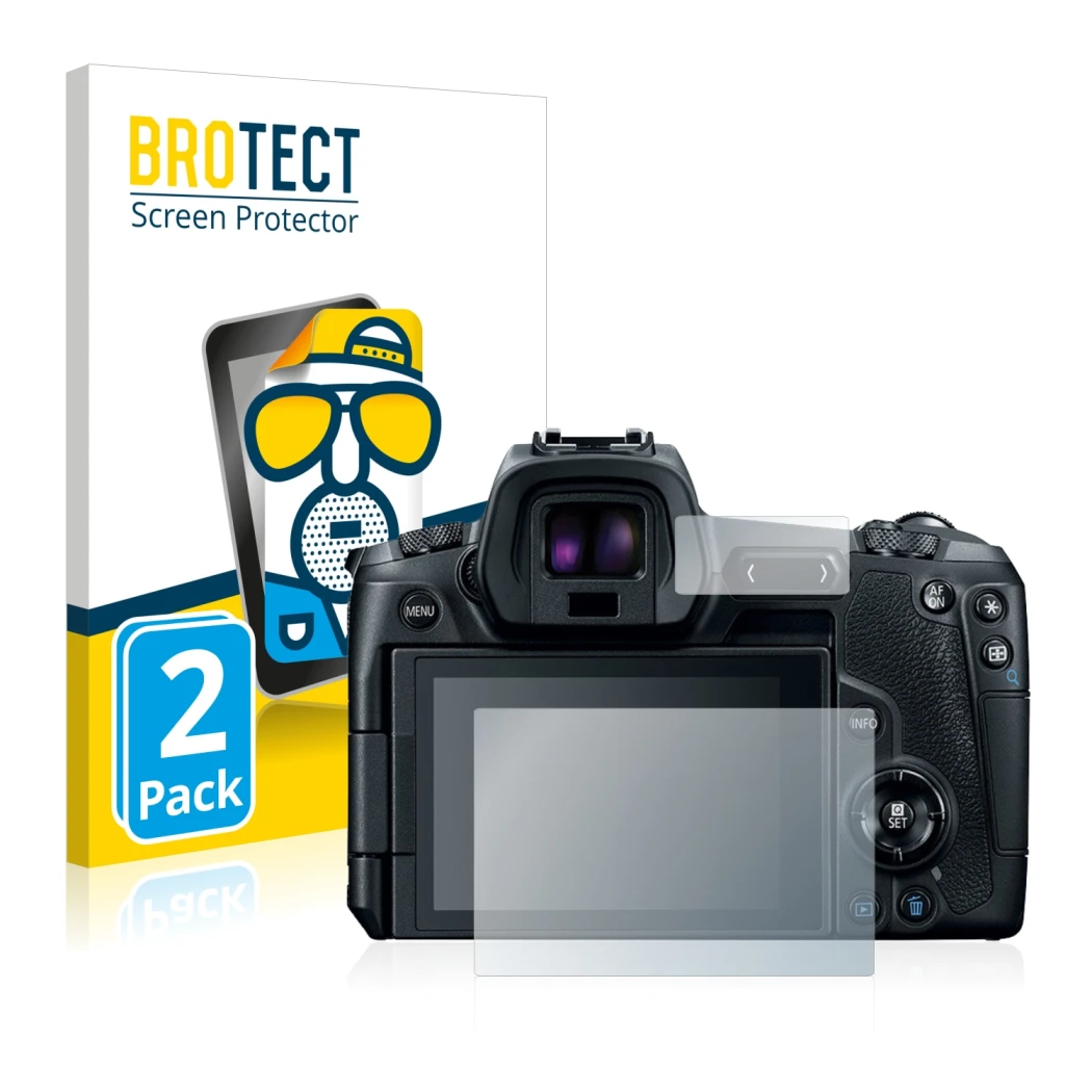 Parte frontale di una confezione del prodotto con il logo del marchio BROTECT. Accanto è raffigurato il dispositivo Canon EOS