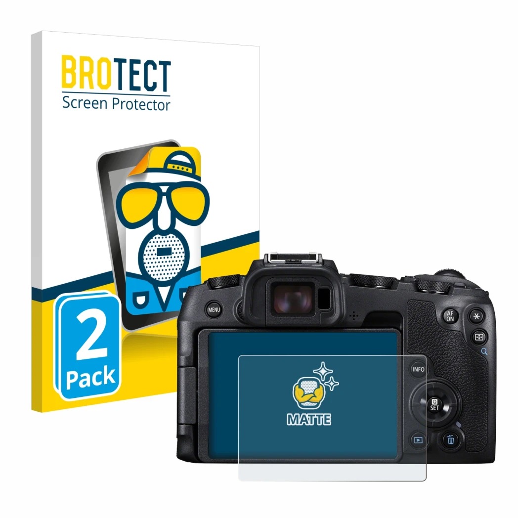 Parte frontale di una confezione del prodotto con il logo del marchio BROTECT. Accanto è raffigurato il dispositivo Canon EOS