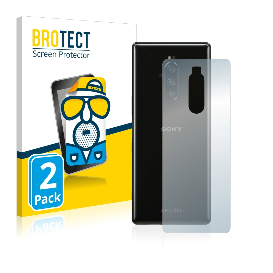 Parte frontale di una confezione del prodotto con il logo del marchio BROTECT. Accanto è raffigurato il dispositivo Sony Xperi