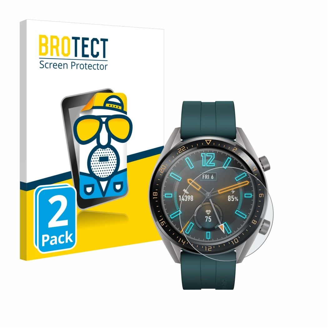 Parte frontale di una confezione del prodotto con il logo del marchio BROTECT. Accanto è raffigurato il dispositivo Huawei Wat