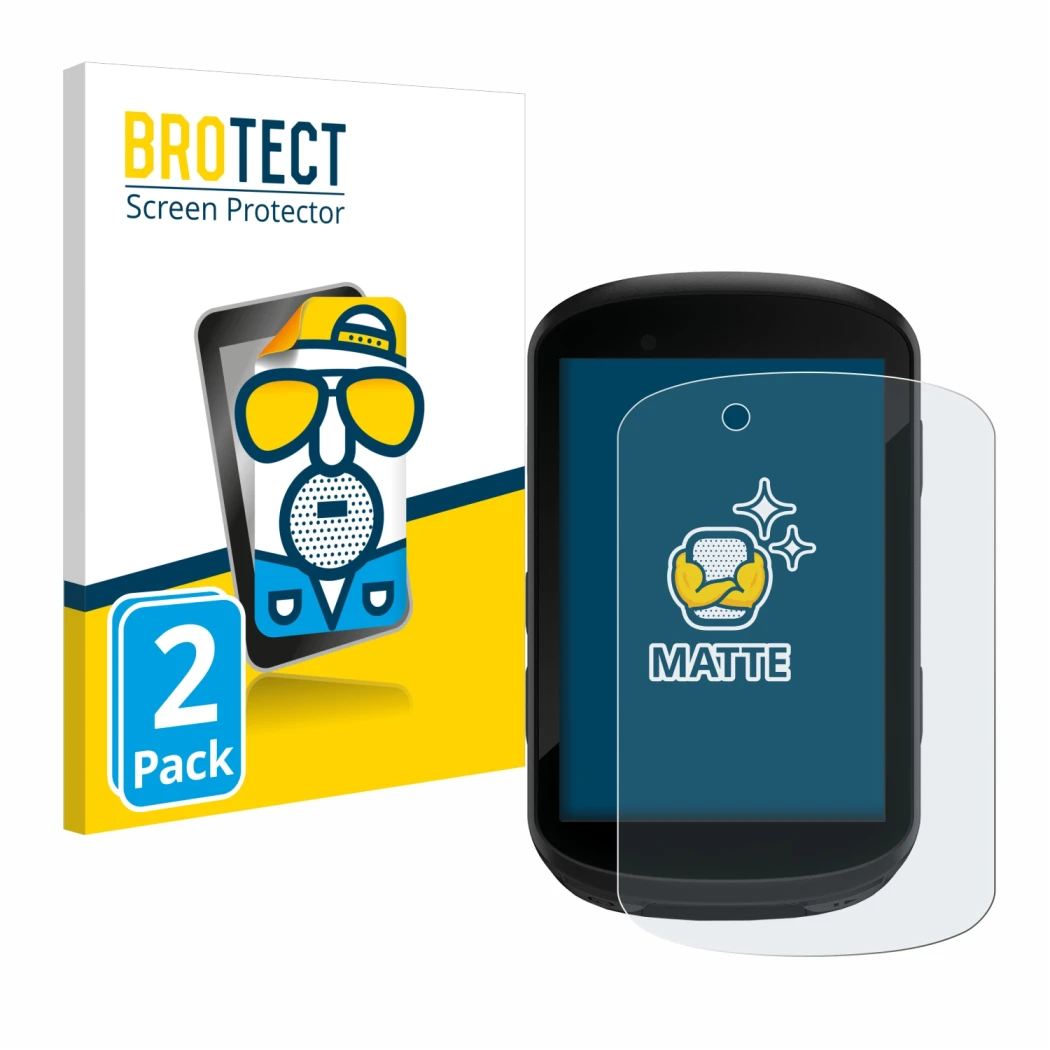 Parte frontale di una confezione del prodotto con il logo del marchio BROTECT. Accanto è raffigurato il dispositivo Garmin Edg