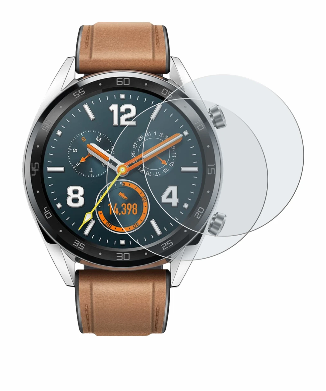 Immagine del dispositivo Huawei Watch GT Classic con un'ampia varietà di protezioni per lo schermo.
