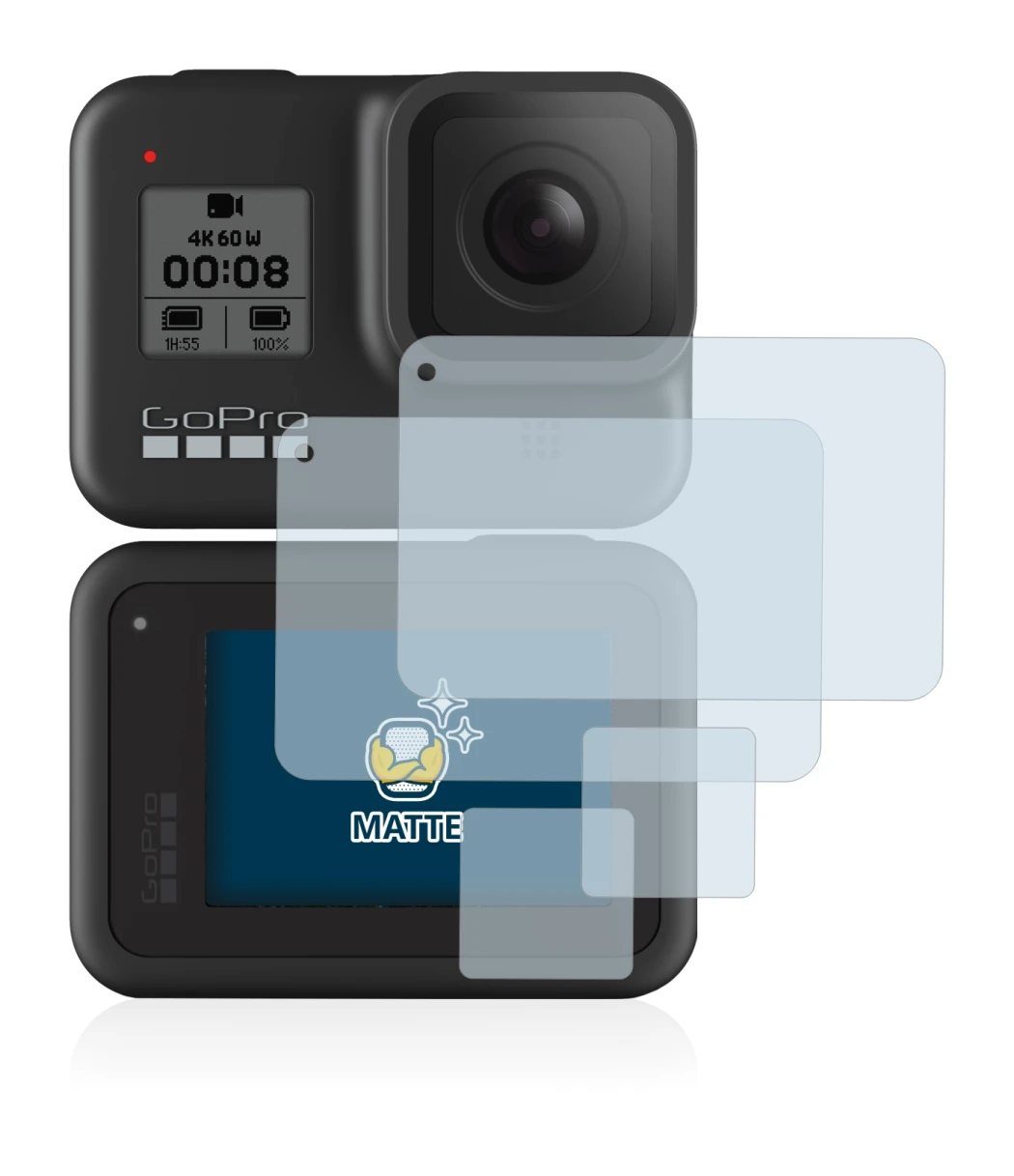 Immagine del dispositivo GoPro Hero 8 Black con un'ampia varietà di protezioni per lo schermo.