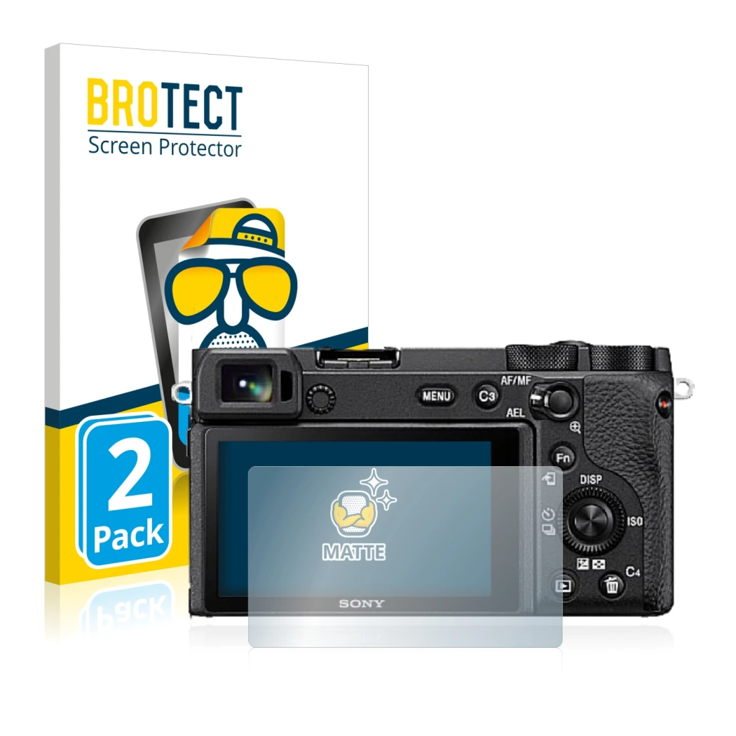 Parte frontale di una confezione del prodotto con il logo del marchio BROTECT. Accanto è raffigurato il dispositivo Sony Alpha