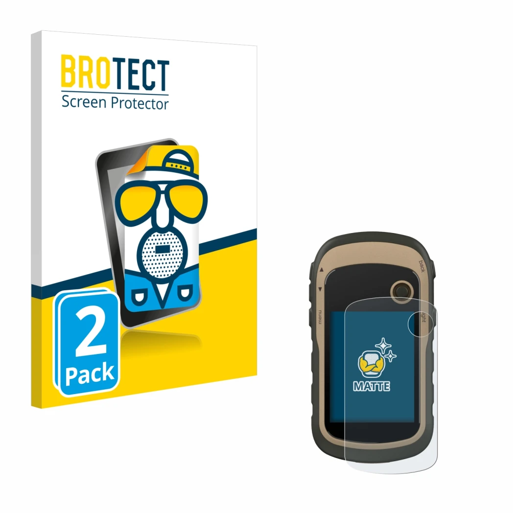 Parte frontale di una confezione del prodotto con il logo del marchio BROTECT. Accanto è raffigurato il dispositivo Garmin eTr