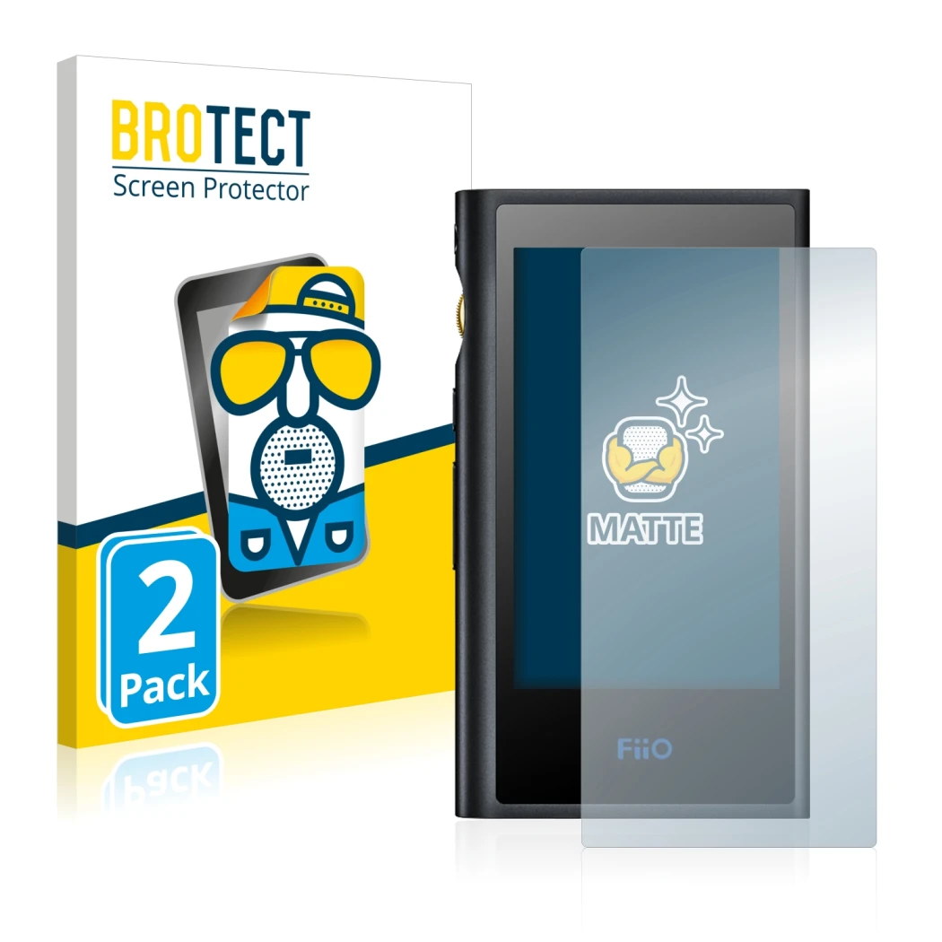 Parte frontale di una confezione del prodotto con il logo del marchio BROTECT. Accanto è raffigurato il dispositivo FiiO M9 co