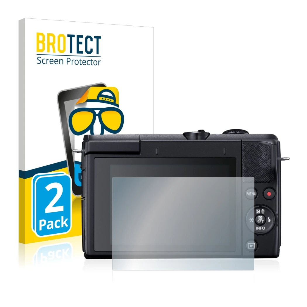 Parte frontale di una confezione del prodotto con il logo del marchio BROTECT. Accanto è raffigurato il dispositivo Canon EOS 