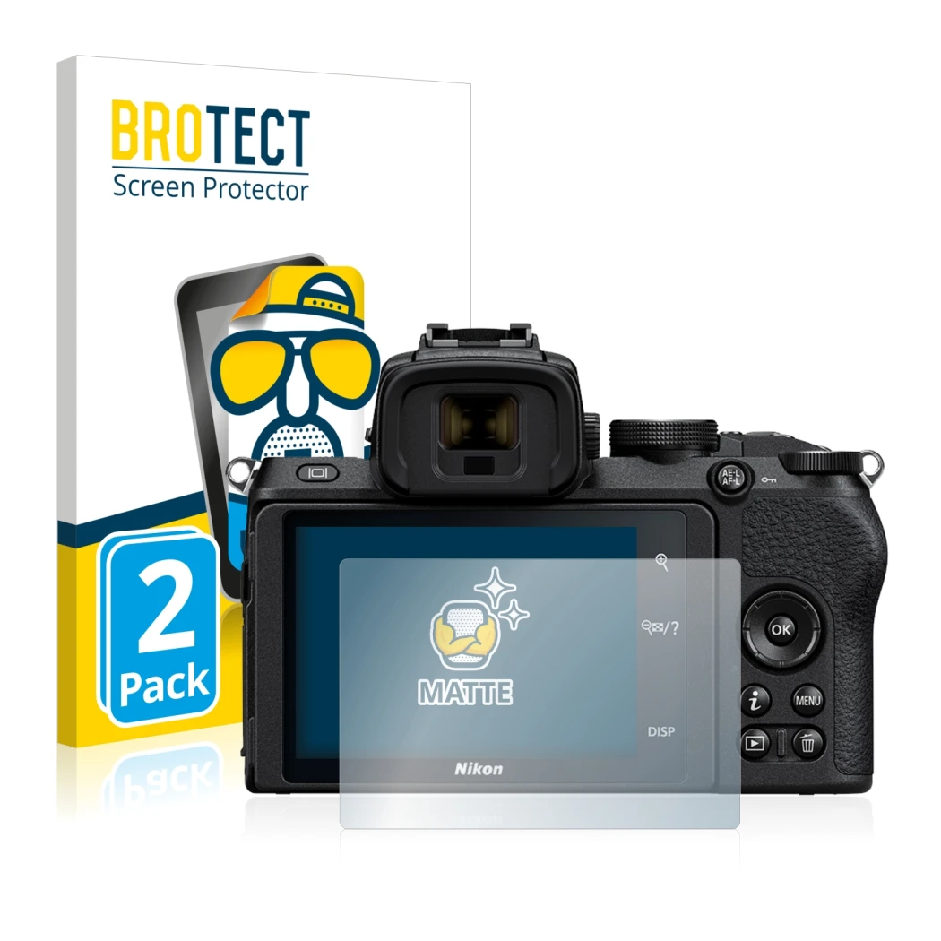 Parte frontale di una confezione del prodotto con il logo del marchio BROTECT. Accanto è raffigurato il dispositivo Nikon Z 50