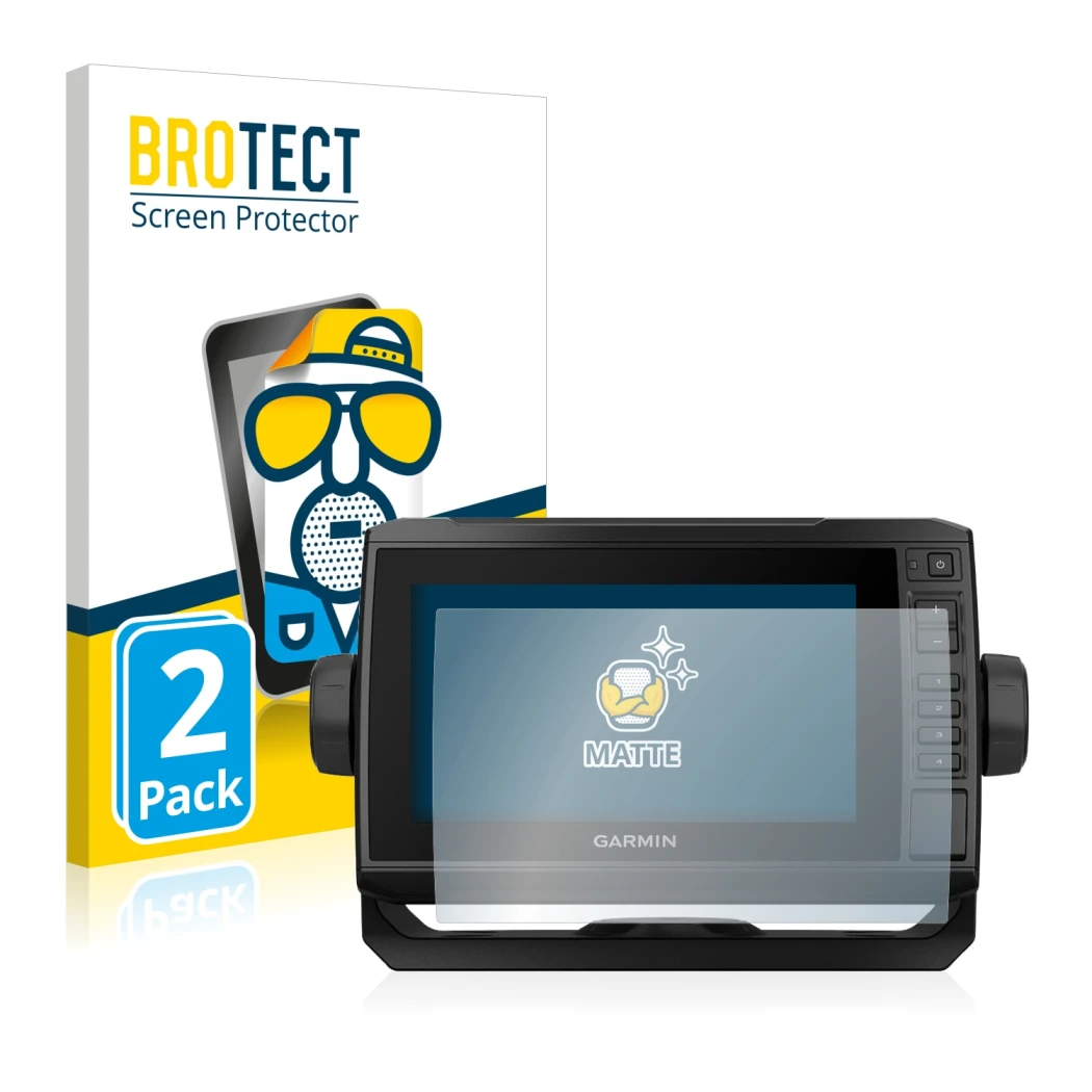 Parte frontale di una confezione del prodotto con il logo del marchio BROTECT. Accanto è raffigurato il dispositivo Garmin ECH