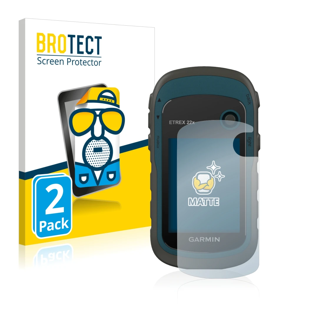 Parte frontale di una confezione del prodotto con il logo del marchio BROTECT. Accanto è raffigurato il dispositivo Garmin eTr