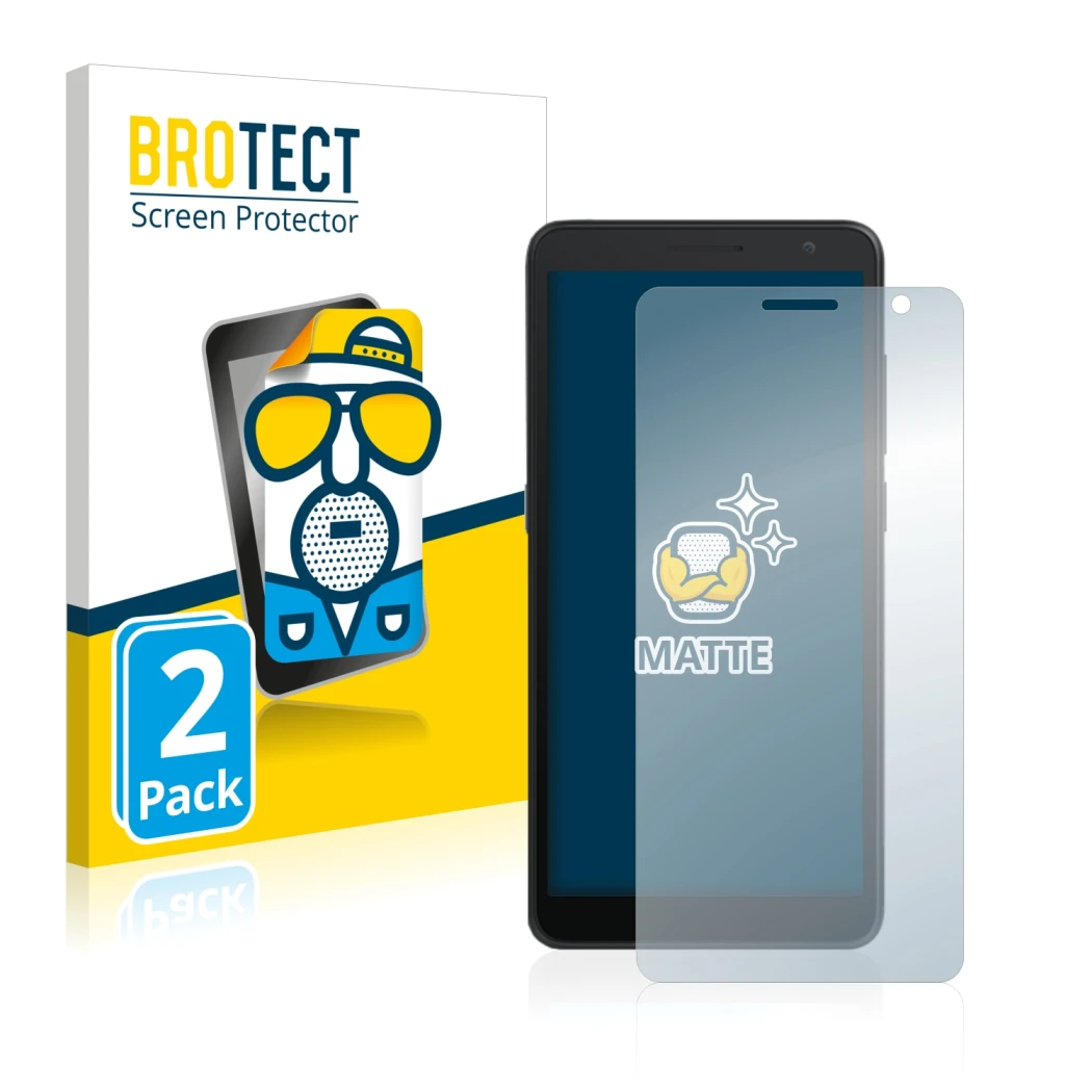 Parte frontale di una confezione del prodotto con il logo del marchio BROTECT. Accanto è raffigurato il dispositivo Alcatel 1B