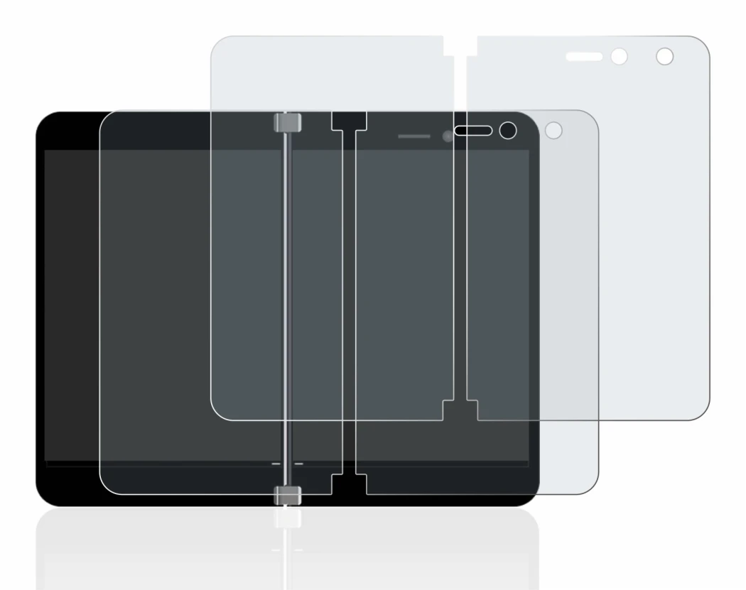 Immagine del dispositivo Microsoft Surface Duo con un'ampia varietà di protezioni per lo schermo.
