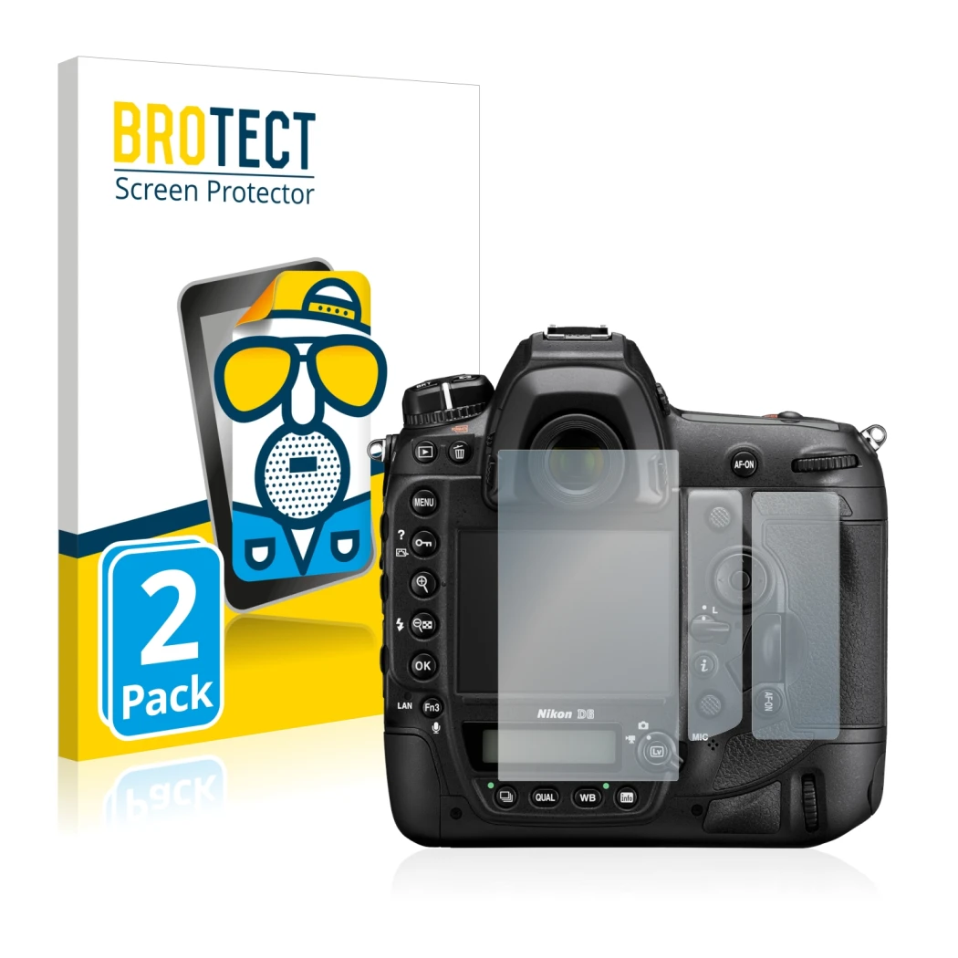Parte frontale di una confezione del prodotto con il logo del marchio BROTECT. Accanto è raffigurato il dispositivo Nikon D6 c