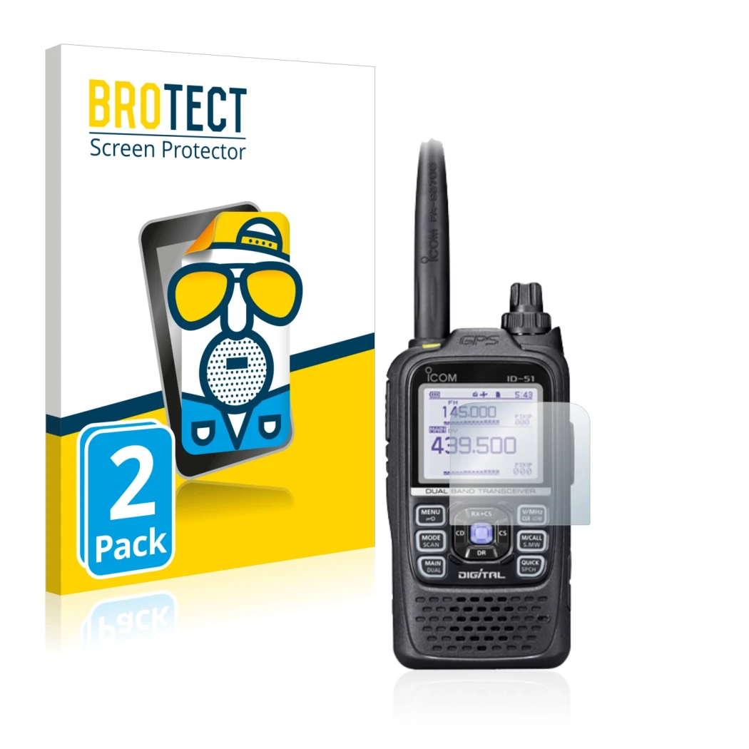 Parte frontale di una confezione del prodotto con il logo del marchio BROTECT. Accanto è raffigurato il dispositivo Icom ID-51