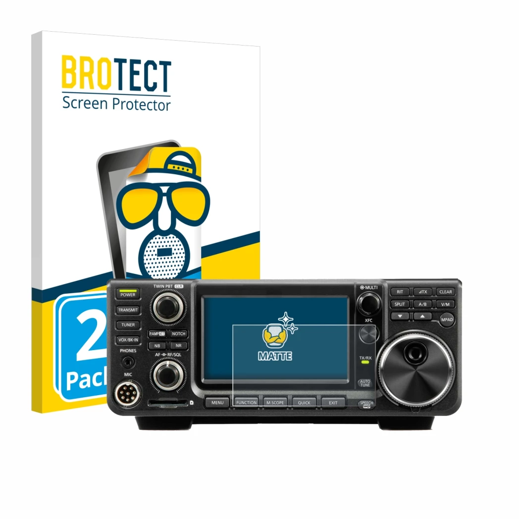 Parte frontale di una confezione del prodotto con il logo del marchio BROTECT. Accanto è raffigurato il dispositivo Icom IC-97