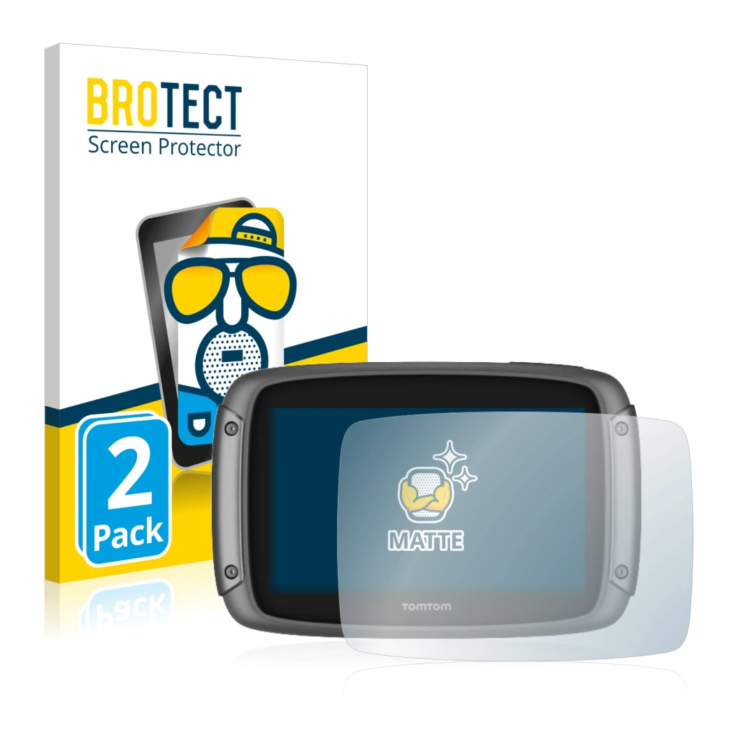 Parte frontale di una confezione del prodotto con il logo del marchio BROTECT. Accanto è raffigurato il dispositivo TomTom Rid