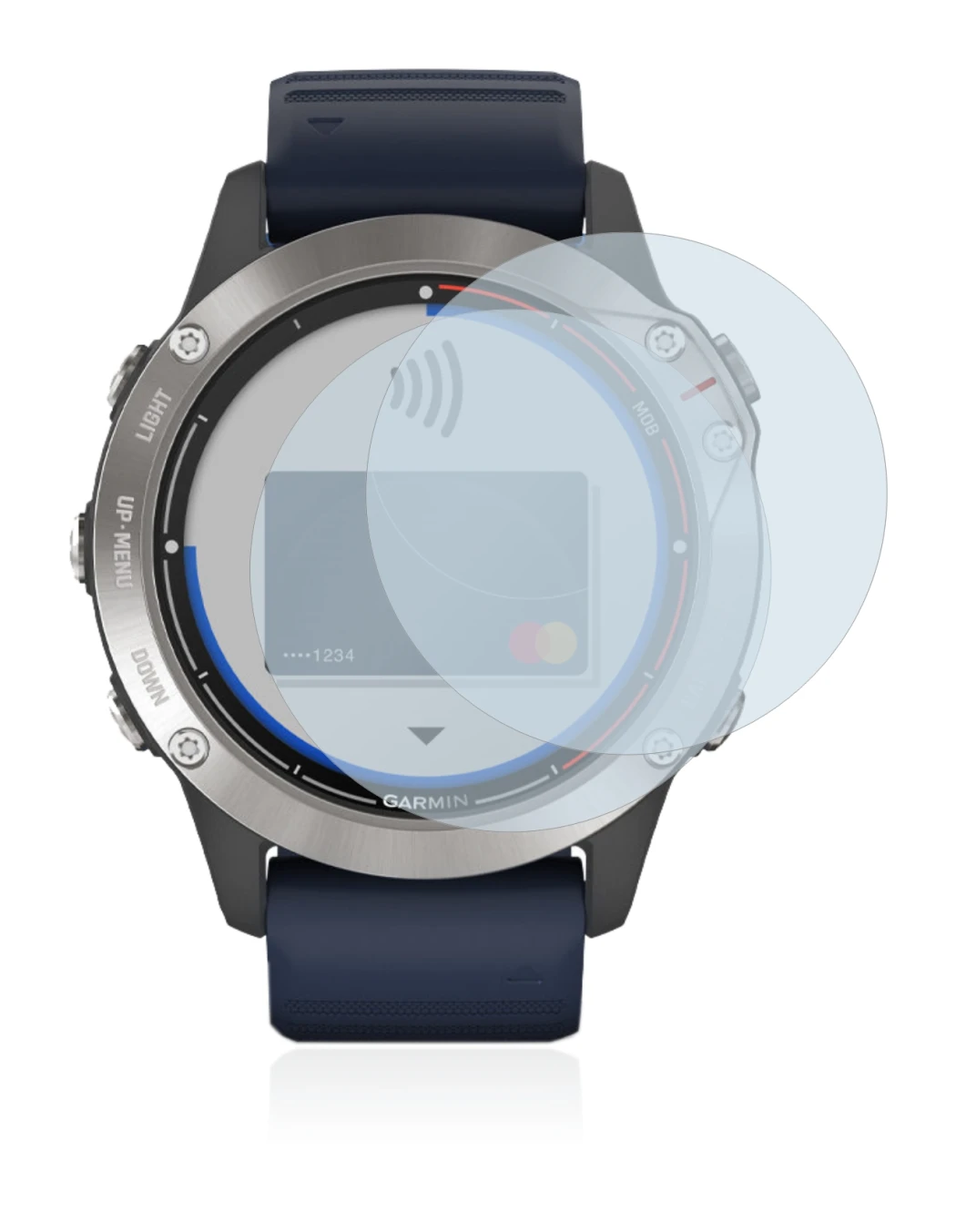 Immagine del dispositivo Garmin quatix 6 con un'ampia varietà di protezioni per lo schermo.