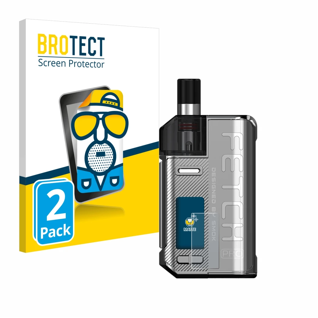 Parte frontale di una confezione del prodotto con il logo del marchio BROTECT. Accanto è raffigurato il dispositivo Smok Fetch