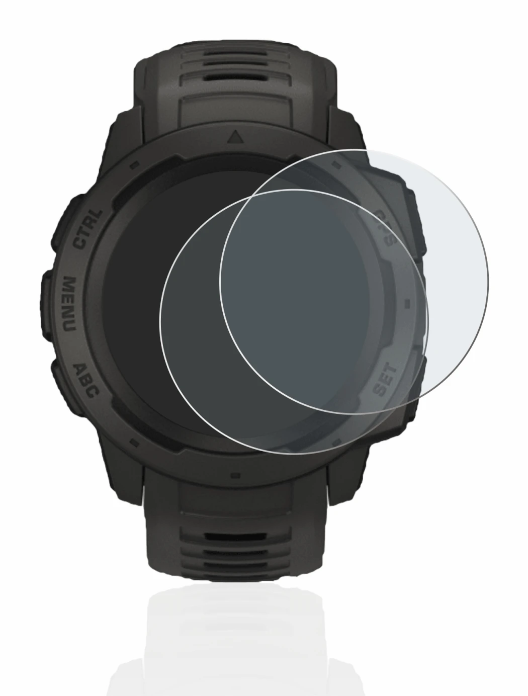 Immagine del dispositivo Garmin Instinct Solar con un'ampia varietà di protezioni per lo schermo.