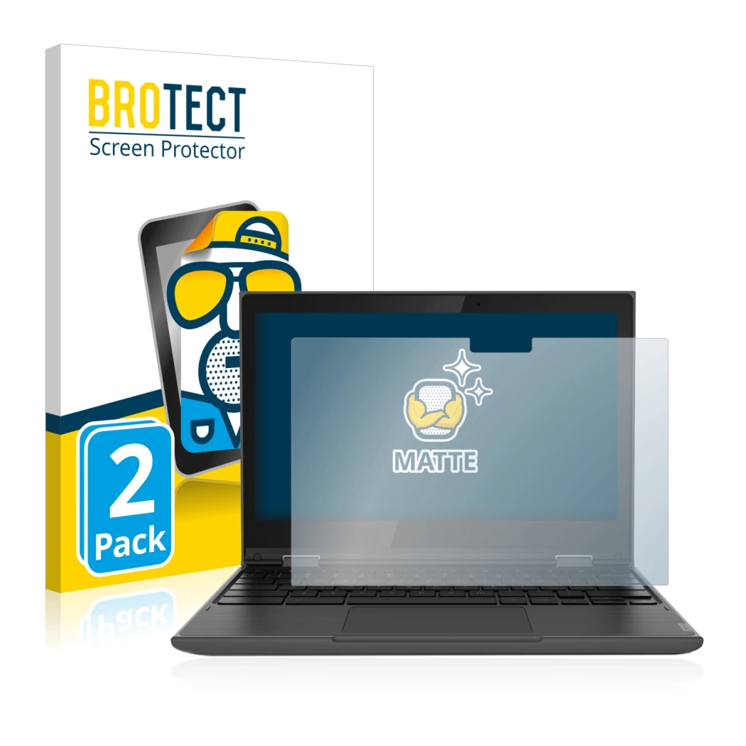 Parte frontale di una confezione del prodotto con il logo del marchio BROTECT. Accanto è raffigurato il dispositivo Lenovo 300