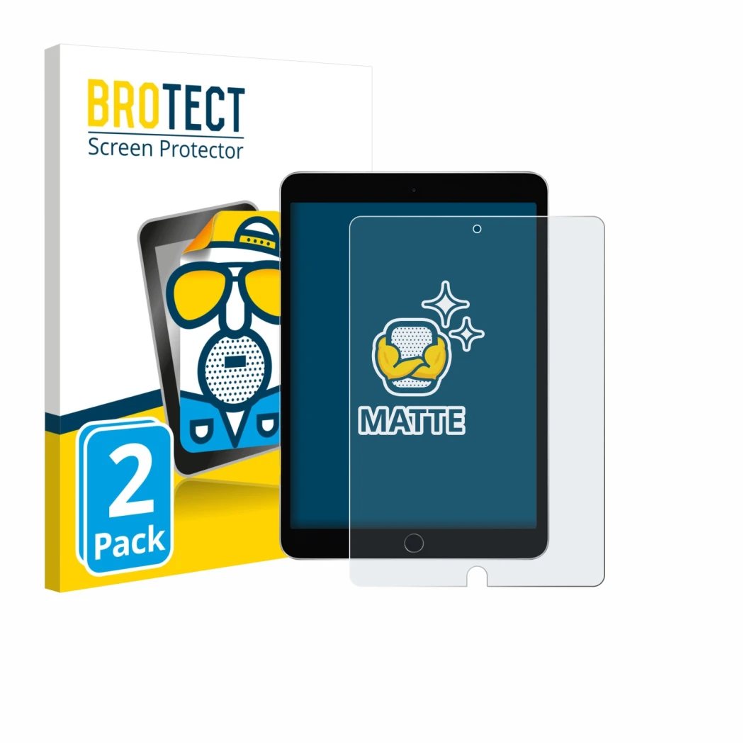 Parte frontale di una confezione del prodotto con il logo del marchio BROTECT. Accanto è raffigurato il dispositivo Apple iPad