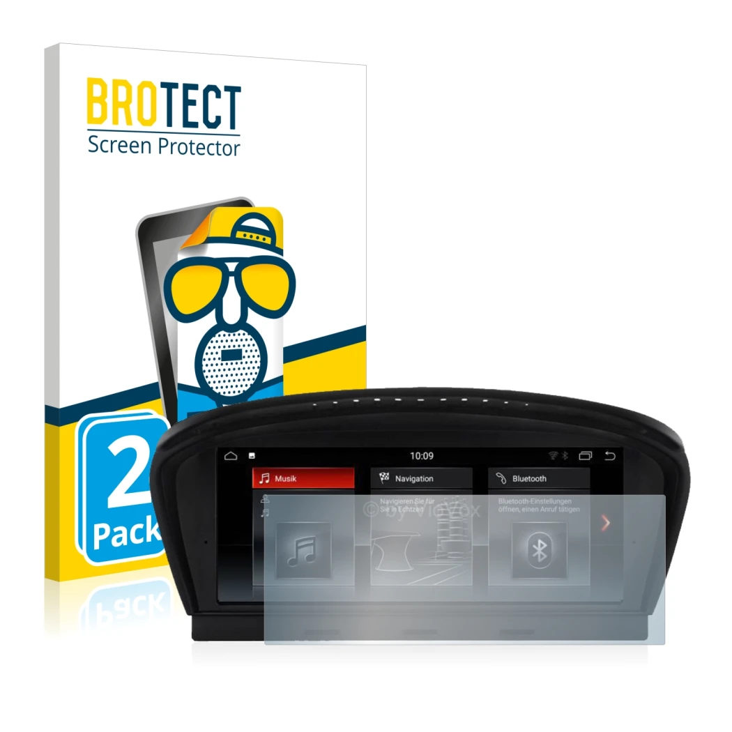 Parte frontale di una confezione del prodotto con il logo del marchio BROTECT. Accanto è raffigurato il dispositivo BMW 3 E90 