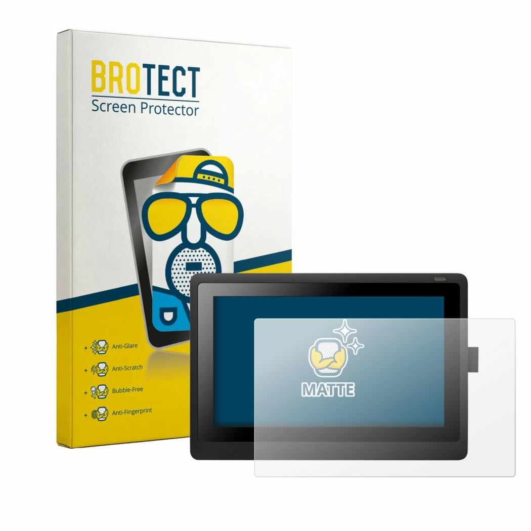 Parte frontale di una confezione del prodotto con il logo del marchio BROTECT. Accanto è raffigurato il dispositivo Wacom Cint