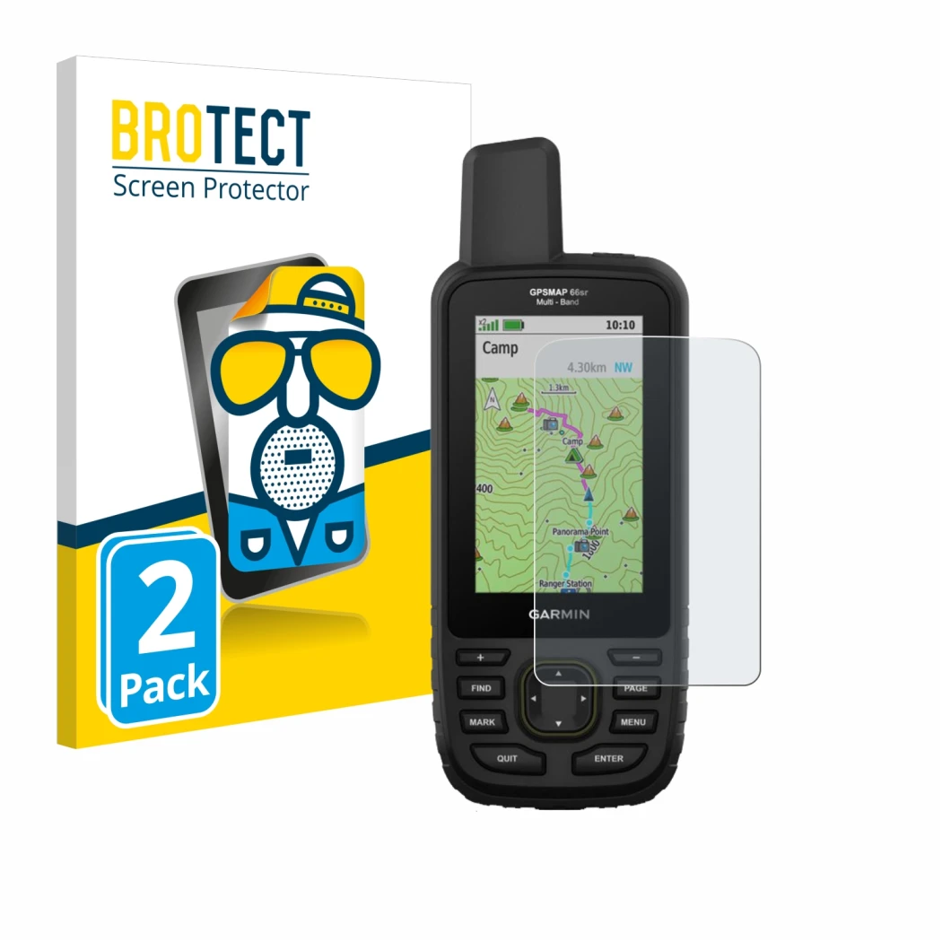 Parte frontale di una confezione del prodotto con il logo del marchio BROTECT. Accanto è raffigurato il dispositivo Garmin GPS
