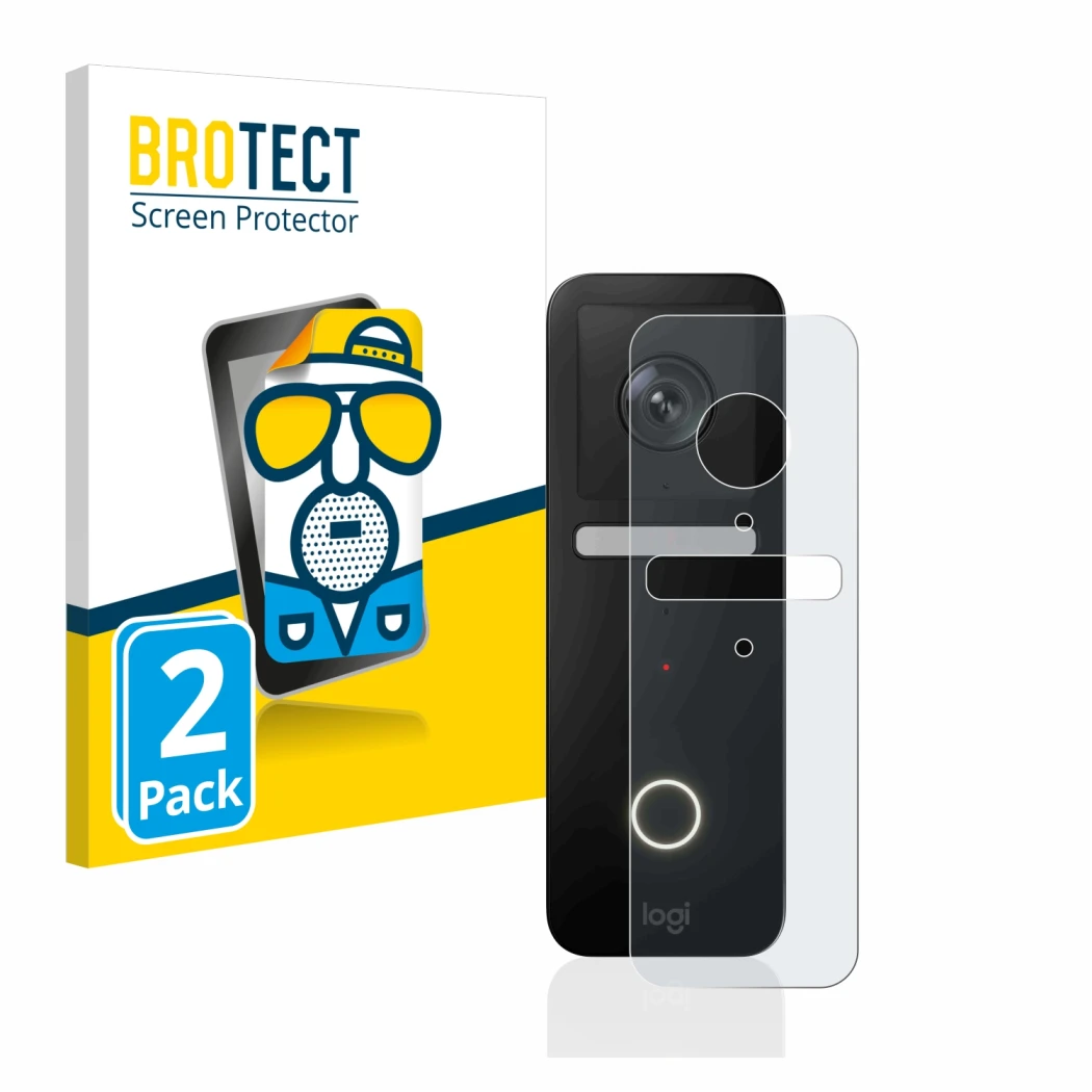 Parte frontale di una confezione del prodotto con il logo del marchio BROTECT. Accanto è raffigurato il dispositivo Logitech C