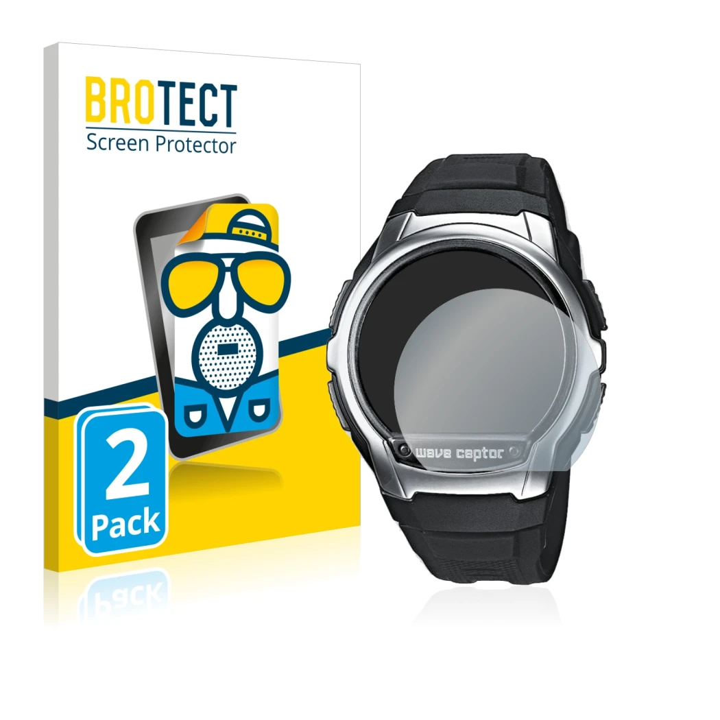 Parte frontale di una confezione del prodotto con il logo del marchio BROTECT. Accanto è raffigurato il dispositivo Casio Wave