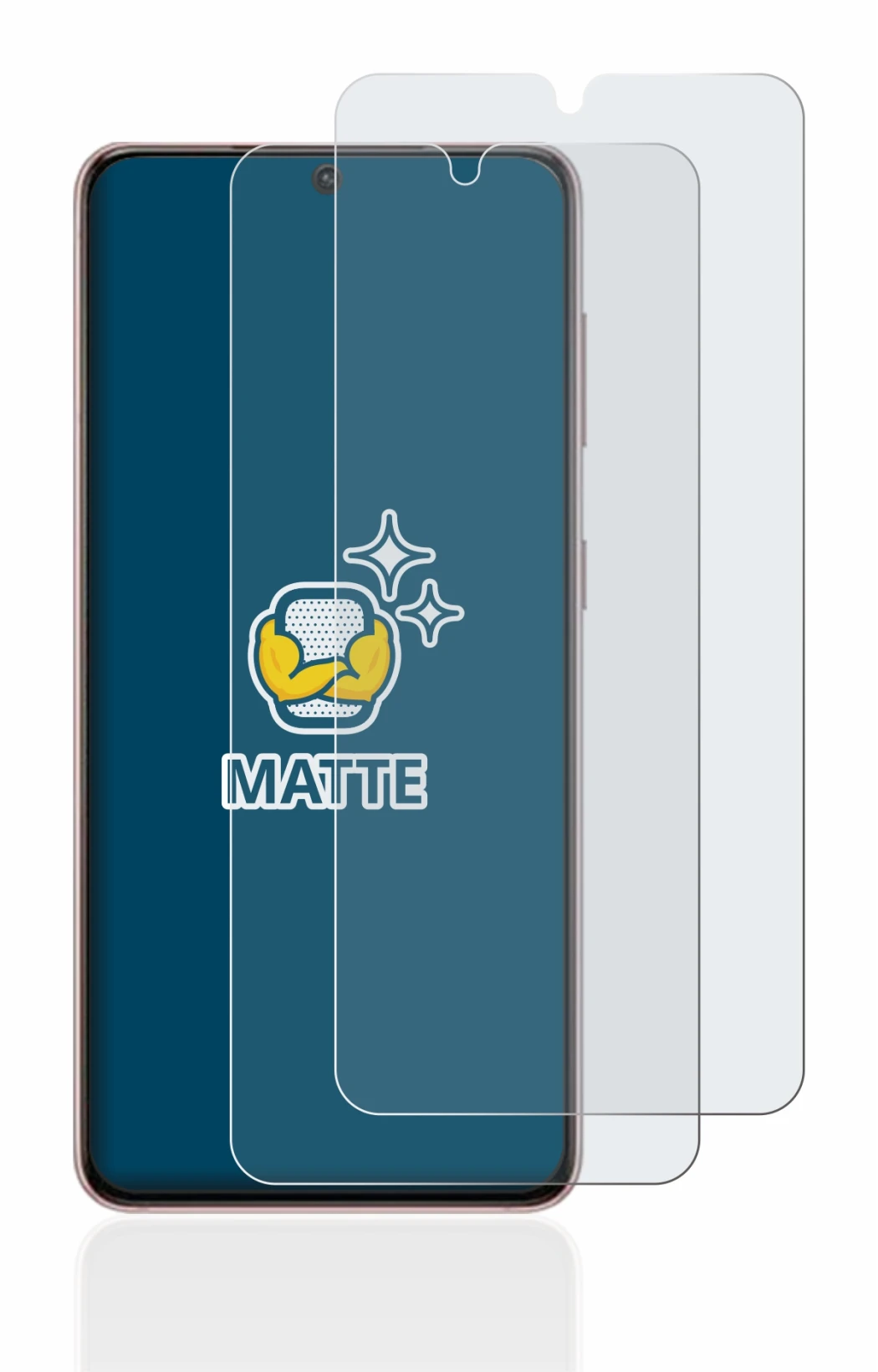 Immagine del dispositivo Samsung Galaxy S21 con un'ampia varietà di protezioni per lo schermo.