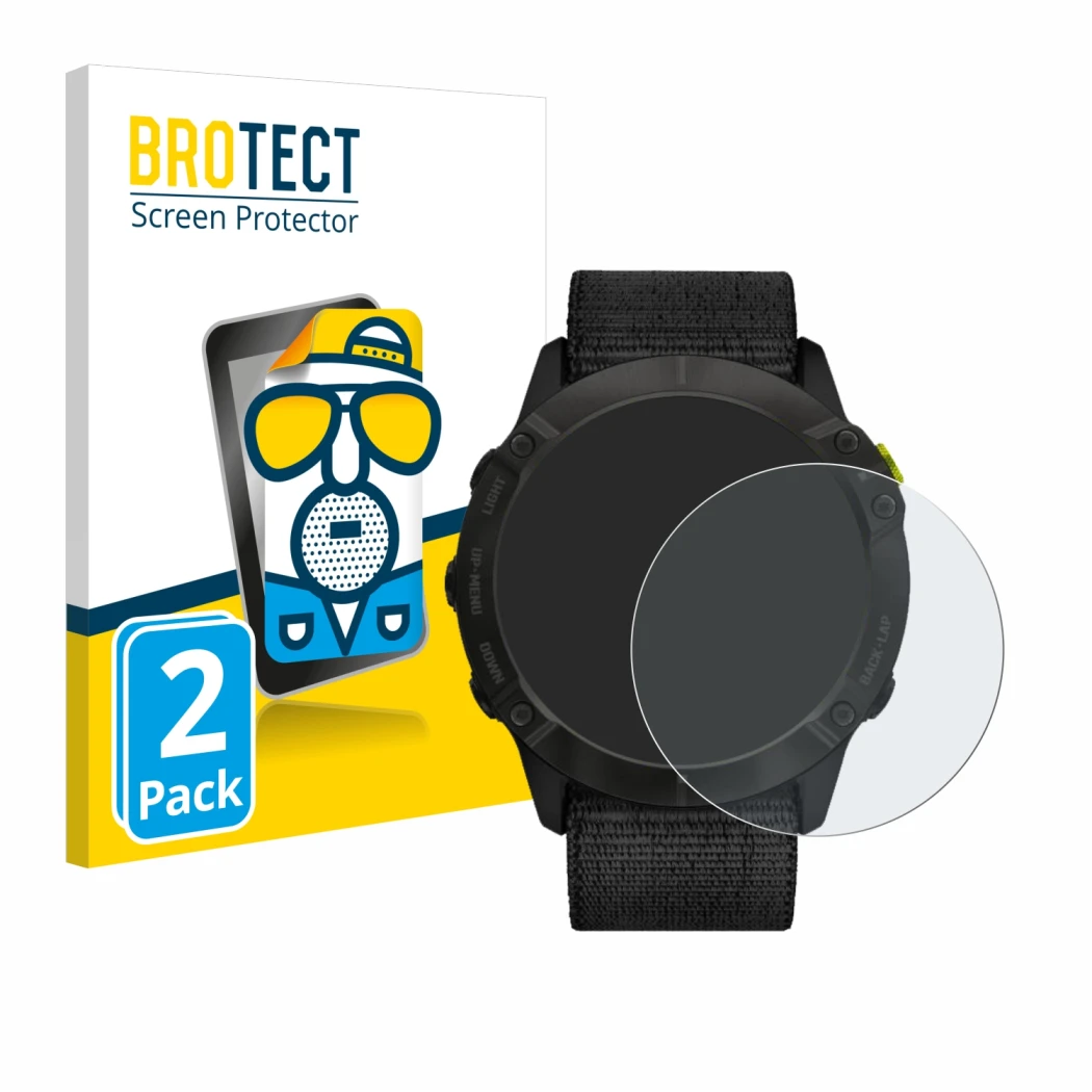 Parte frontale di una confezione del prodotto con il logo del marchio BROTECT. Accanto è raffigurato il dispositivo Garmin End